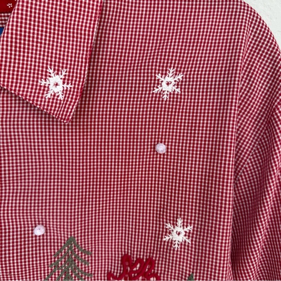 Karen Scott Red Gingham Check Christmas Holiday Snowman Button Up Top L - Picture 3 of 8